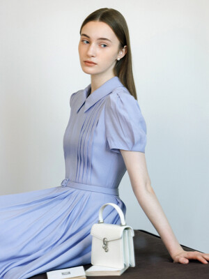 LILITH Stand collar pin tucked long dress (Ivory/Navy/Cornflower blue/Light pink)