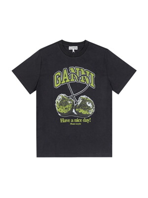 GANNI T4292 252 그린 체리 로고 프린트 여성 반팔티