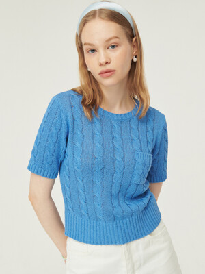 Cable Poket Half Sleeve Knit [blue]