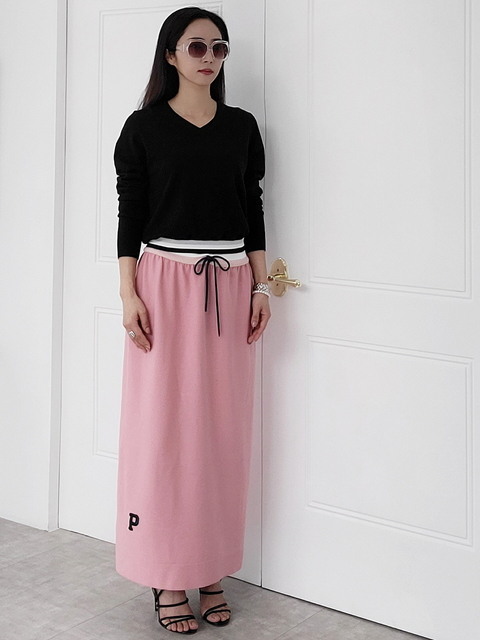 스커트 - 프리톤 (Pretone) - 맥시니트스커트-로즈핑크 Silver rib banding Knit maxi skirt-Rose pink