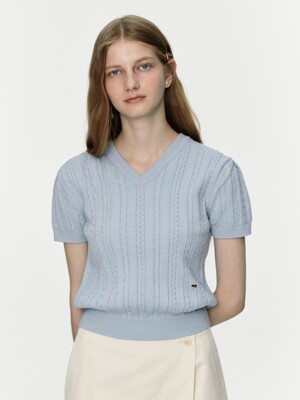 puff sleeve cable knit - light blue