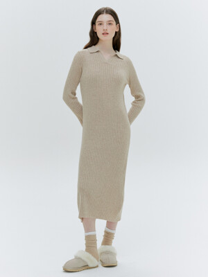 COLLAR DETAIL KNIT DRESS [BEIGE][BLACK]