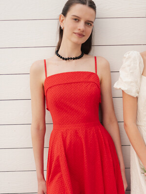 MACY Eyelet sleeveless long flared dress (Red/Off white)