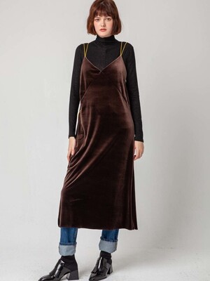 Color strap velvet dress_BROWN