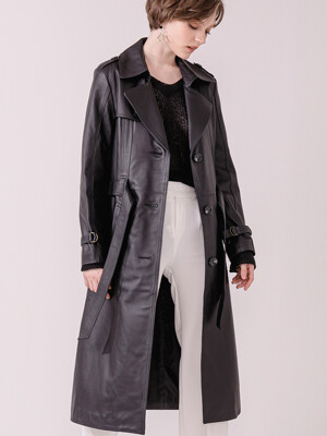 LAMBSKIN LONG TRENCH COAT-BK