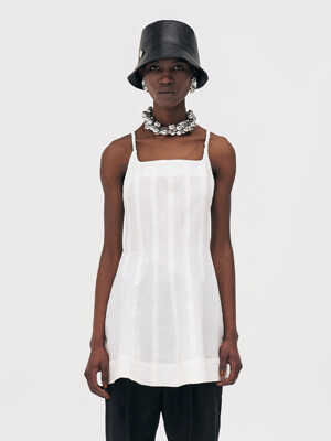 SQUARE-NECK CAMISOLE WITH VEGAN LEATHER TRIM - WHITE