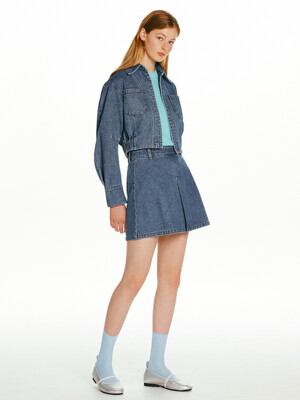 [SET]TORINO Denim blouson crop jacket + MAILI A-line denim skirt (Mid blue)