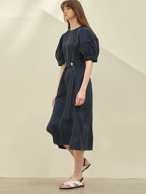 원피스 - 미테 (MITTE) - ROUND STITCH LINE BELTED DRESS_NAVY