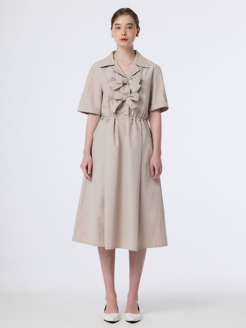 원피스 - 더스튜디오케이 (the studio K) - RIBBON POINT HALF BUTTON SHIRT DRESS (BEIGE)