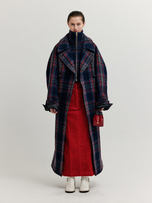 XENNIE Oversized Coat with Detachable Collar - Navy/Red Multi