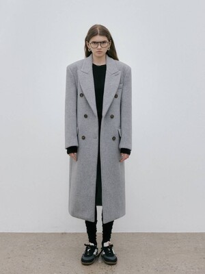 DOUBLE BREASTED WOOL LONG COAT / GRAY