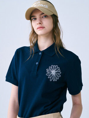 PIQUET TSHIRT FLOWER NEEDLEWORK_NAVY IVORY