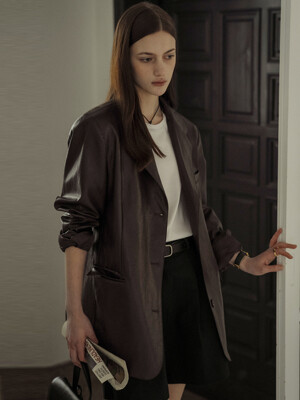Eco leather classic three button single jacket_Brown