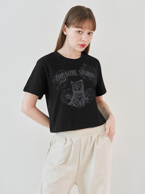 플라워캣 크롭 반팔 티셔츠 (블랙)