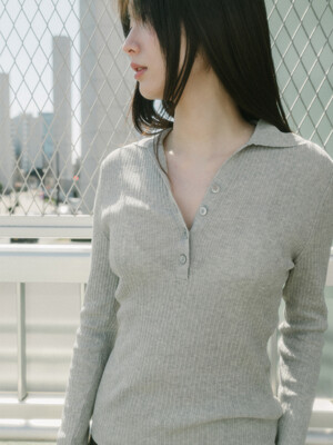 COTTON RIP COLLOR KNIT TOP_GREY