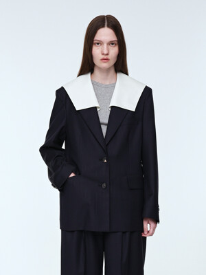 Collared Detail Oversized Jacket _ Navy Stripe