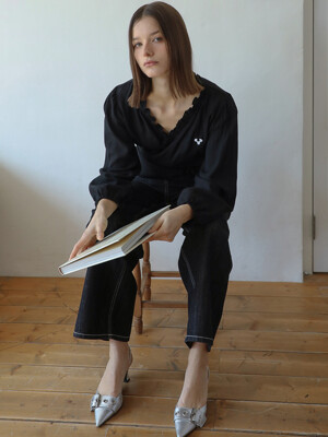 Logo Sheer Ruffled Wrap Blouse Black