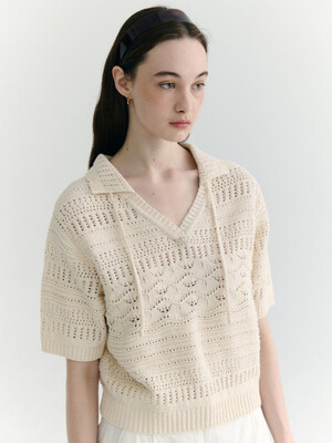 Crochet Open-Collar Knit Pullover