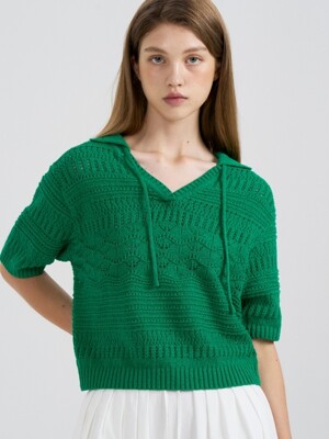 Crochet Open-Collar Knit Pullover