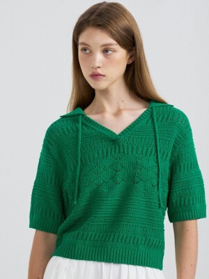 Crochet Open-Collar Knit Pullover