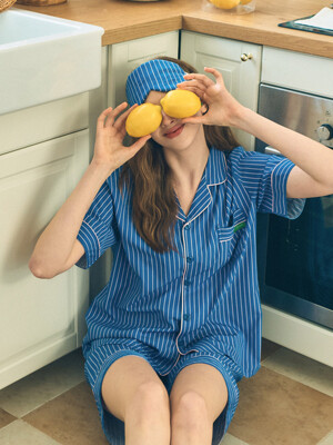 [uni] 아모레 소프트네이비 실크스킨 반팔 커플 잠옷 상하세트