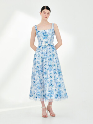 PRISCILLA Sleeveless floral flared tulle dress (Blue flower)