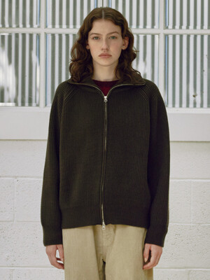 [Women] Ribbed Zip-Up Cardigan (Ash Brown)