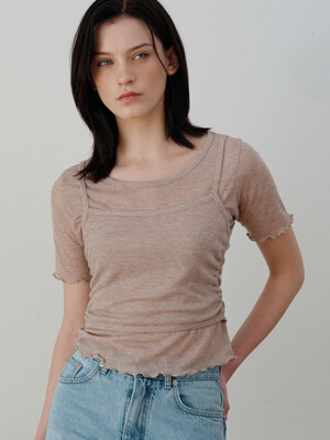 comos 1105 layered shirring top setup T-shirt (melange brown)