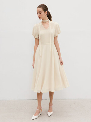 MICHAEL See-through V-neck ribbon tie chiffon long dress (Light beige/Black)