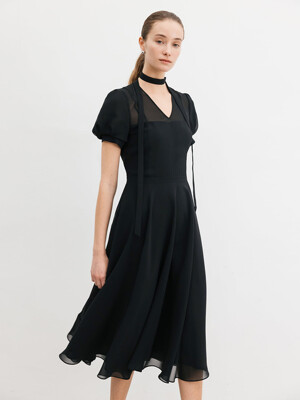 MICHAEL See-through V-neck ribbon tie chiffon long dress (Light beige/Black)
