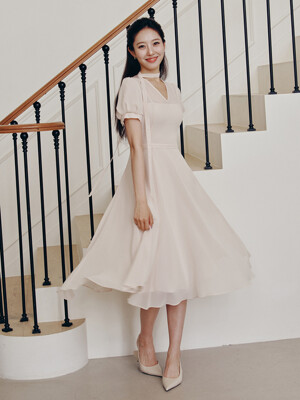 MICHAEL See-through V-neck ribbon tie chiffon long dress (Light beige/Black)