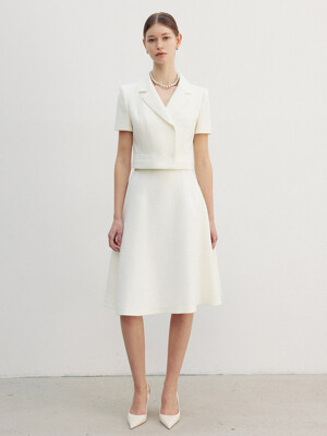 [SET]MAEVE Notched collar cropped tweed jacket + AURORA High waisted midi tweed full skirt (Cream ivory/Minty blue/Black)
