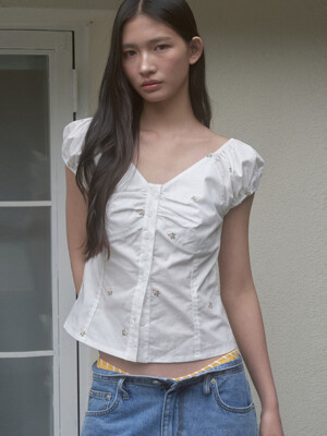 CAP SLEEVE FLOWER BLOUSE_WHITE