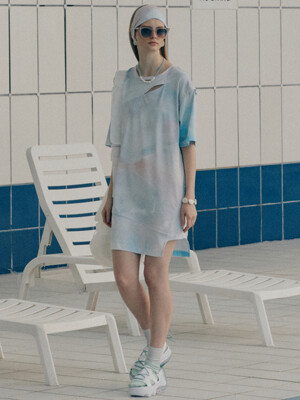 VENEZIA Shoulder Hole Cut-Out Printed Jersey Mini Dress_Blue