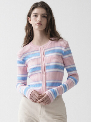 Cotton Round Stripe Knit Cardigan (Pink)