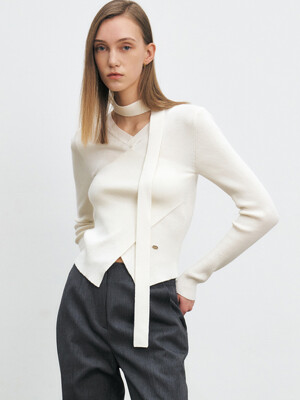 TIE DETAIL BEMBERG KNIT TOP [IVORY][BLACK]