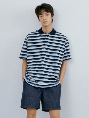 Washed stripe polo 1/2 shirt (navy stripe)