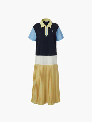 COLOR BLOCK PLEATED PIQUE LONG DRESS, YELLOW