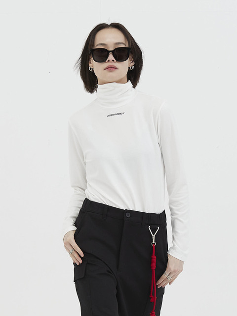 티셔츠,티셔츠 - 하이투 (HYIIⁿ) - [UNISEX] Logo Printed Turtle Neck T-shirts White