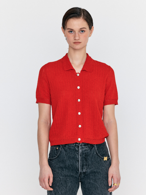 WERRA Square Detail Button-Up Knit Top - Red