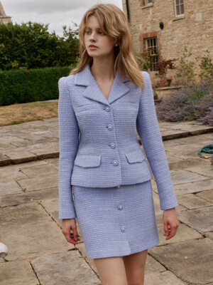 [SET]RIONA Notched collar tweed wool jacket + ESME H-line tweed wool mini skirt (Cornflower blue)