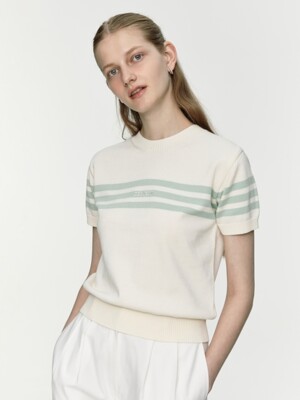 stripe half sleeve knit - ivory/mint
