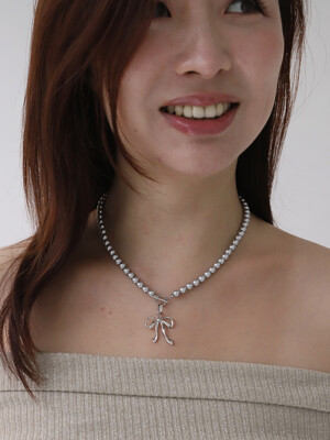 Sweet Bow Pearl Necklace / Grey