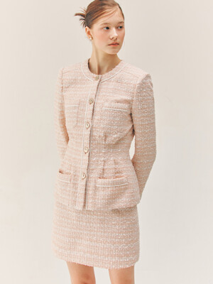 CAMERON Tuck detailed round neck tweed jacket (Pale coral pink)