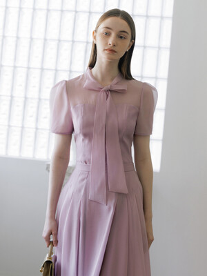 [SET]LILLE Ribbon tie short sleeve blouse + WILLOW Tuck detailed long flared skirt (3color)