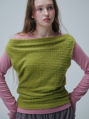 FURRY ASYMMETRY LAYERED TOP, PINK+GREEN