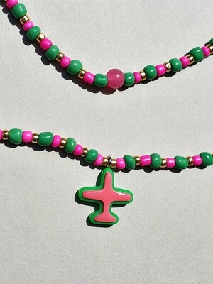 핑크 그린 비행기 비즈 목걸이 airplane Casual beads Necklace