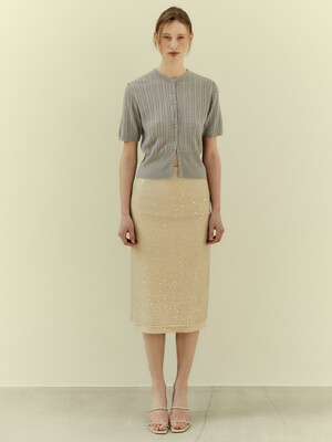 Sequin Stretch Midi Skirt_Sand