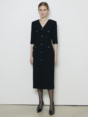 Wool V-Neck Tweed Dress_Black