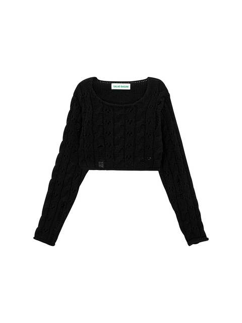 니트 - 샐러드바구니 (SALADBAGUNI) - Damaged Cable Cropped Pullover_black